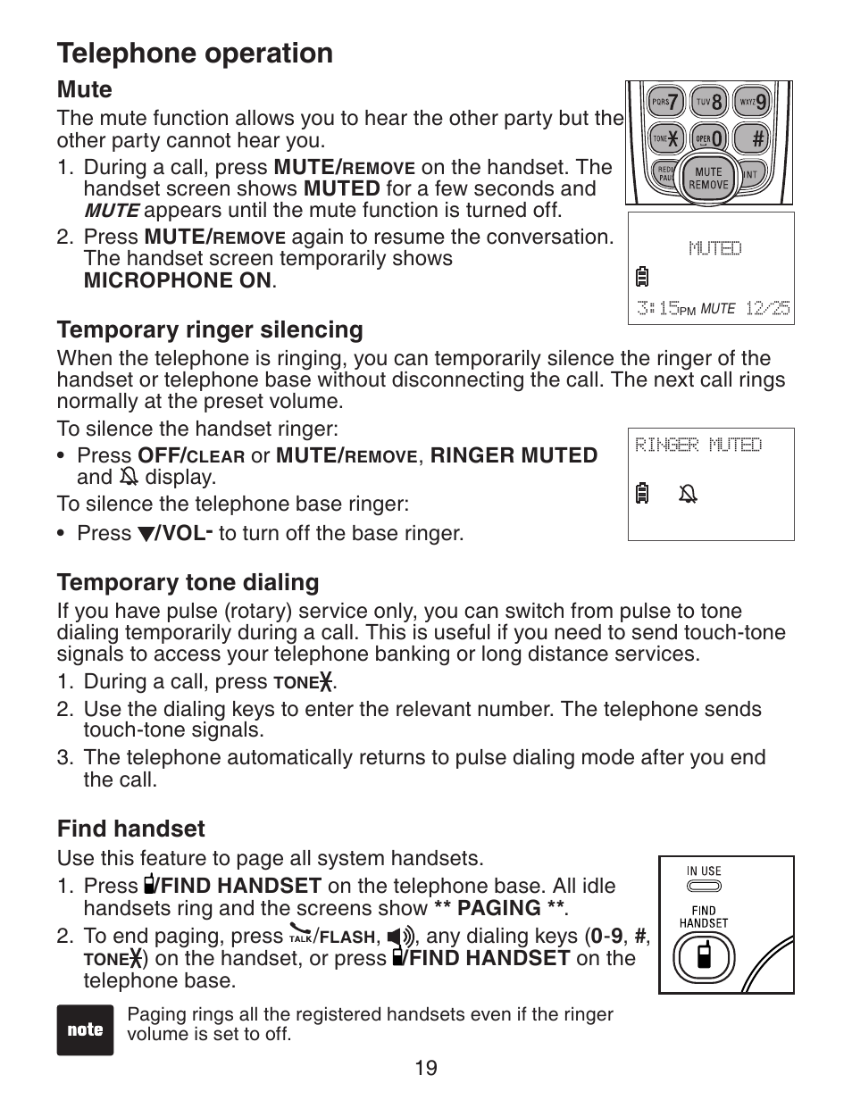 Telephone operation, Mute, Temporary ringer silencing | Temporary tone dialing, Find handset | VTech CS6329_-2-3-4-5 Manual User Manual | Page 23 / 71