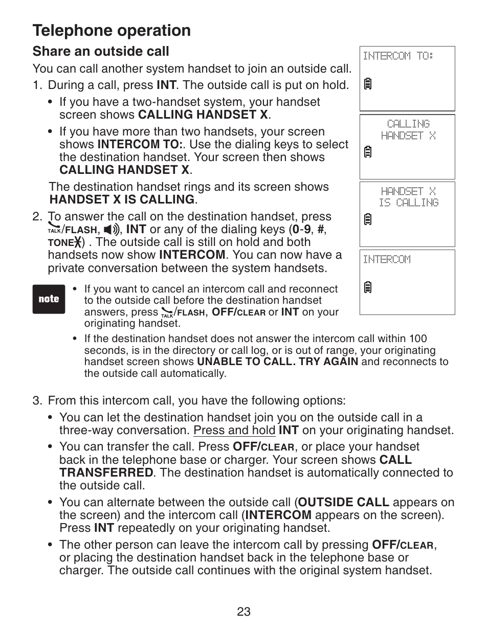 Telephone operation, Share an outside call | VTech CS6329_-2-3-4-5 Manual User Manual | Page 27 / 71