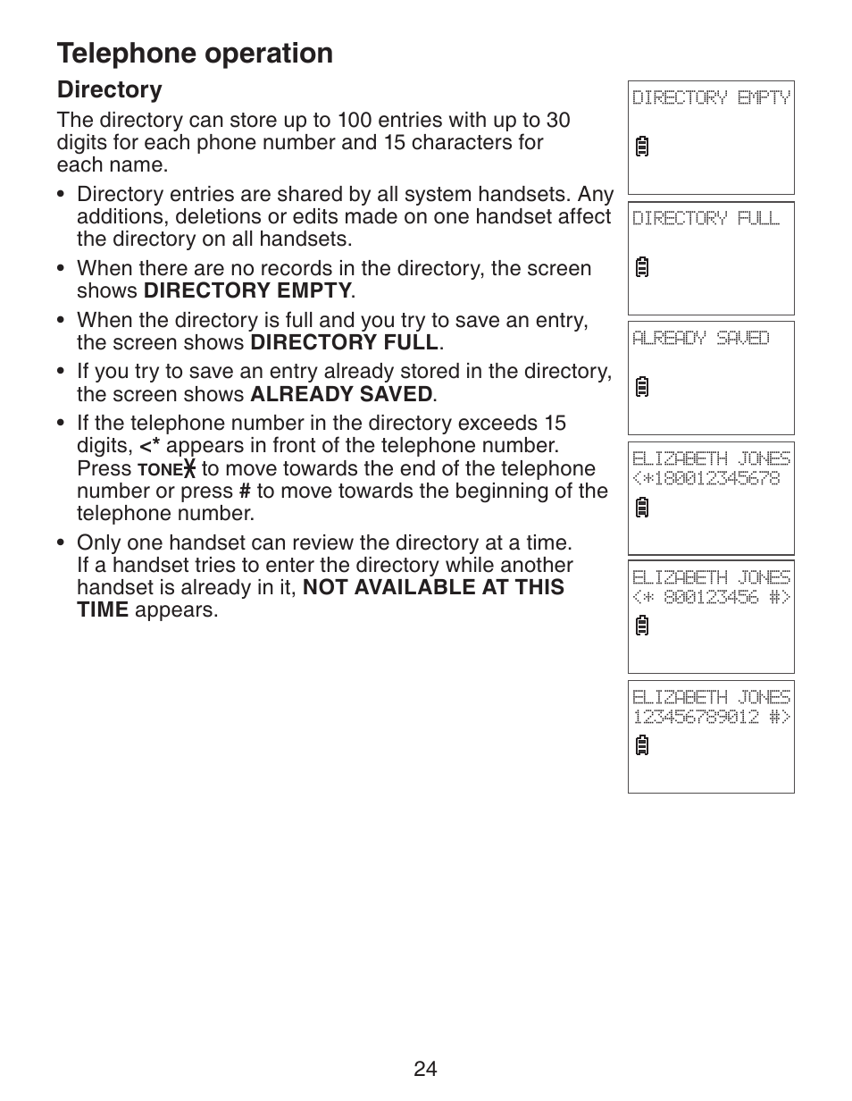 Telephone operation, Directory | VTech CS6329_-2-3-4-5 Manual User Manual | Page 28 / 71