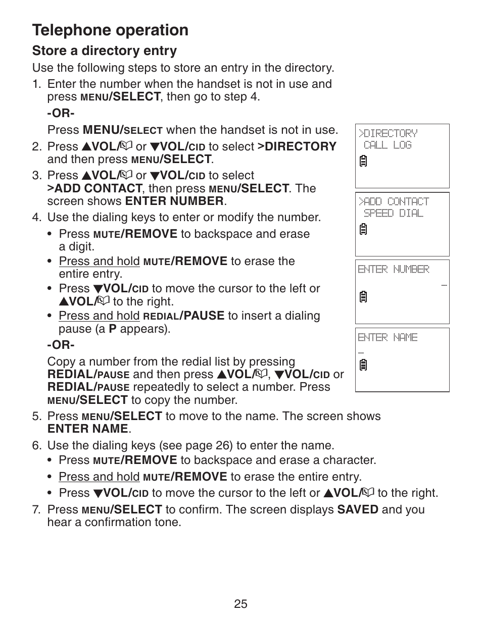 Telephone operation, Store a directory entry | VTech CS6329_-2-3-4-5 Manual User Manual | Page 29 / 71