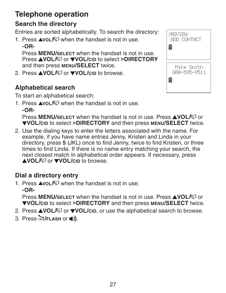 Telephone operation, Search the directory, Alphabetical search | Dial a directory entry | VTech CS6329_-2-3-4-5 Manual User Manual | Page 31 / 71