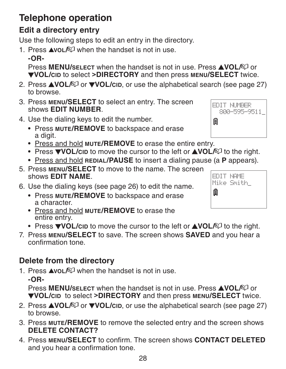 Telephone operation, Edit a directory entry, Delete from the directory | VTech CS6329_-2-3-4-5 Manual User Manual | Page 32 / 71