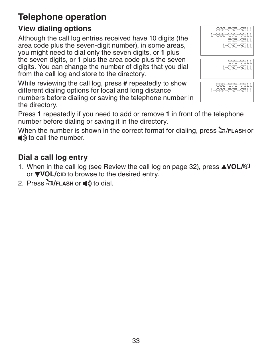 Telephone operation, View dialing options, Dial a call log entry | VTech CS6329_-2-3-4-5 Manual User Manual | Page 37 / 71