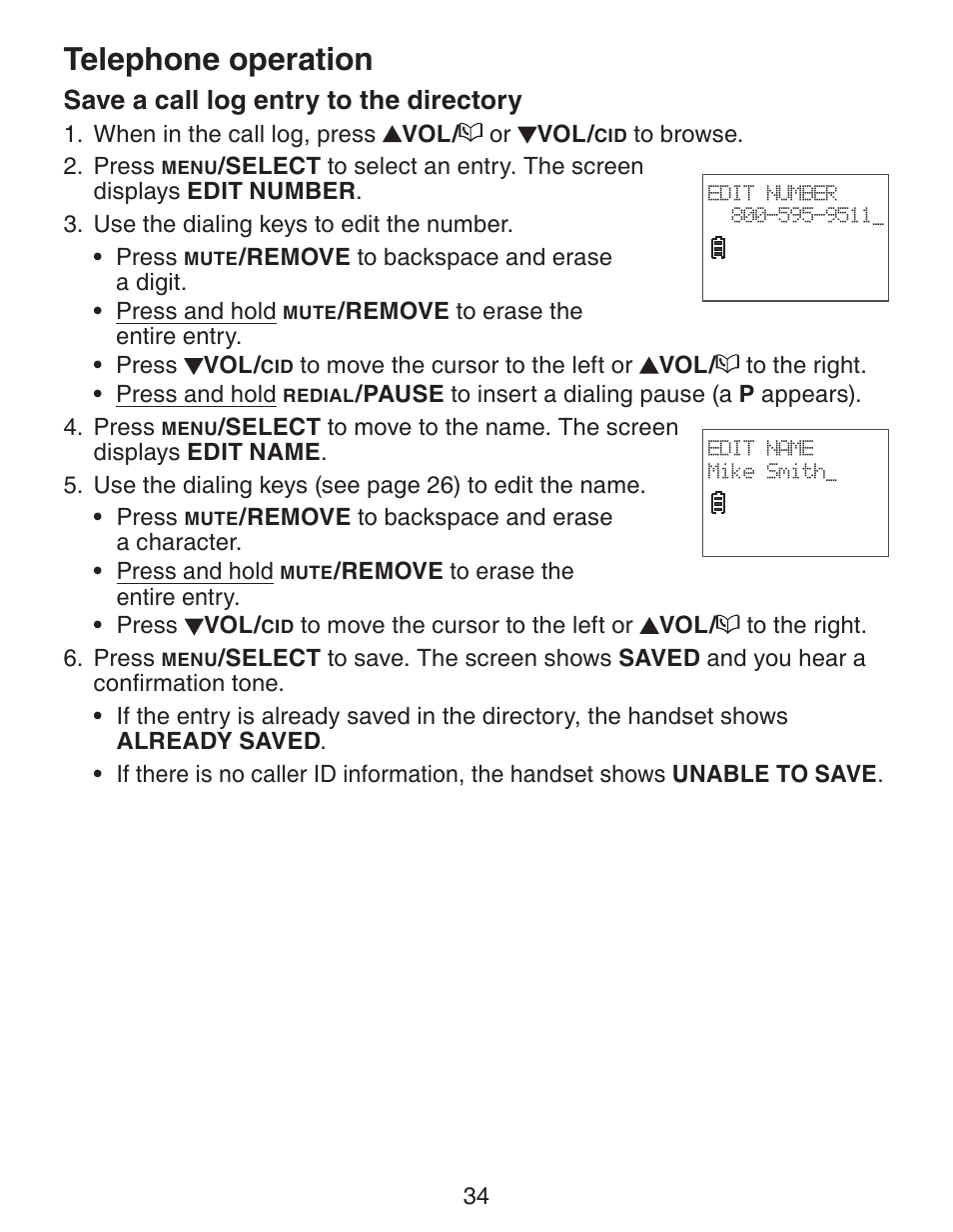 Telephone operation, Save a call log entry to the directory | VTech CS6329_-2-3-4-5 Manual User Manual | Page 38 / 71