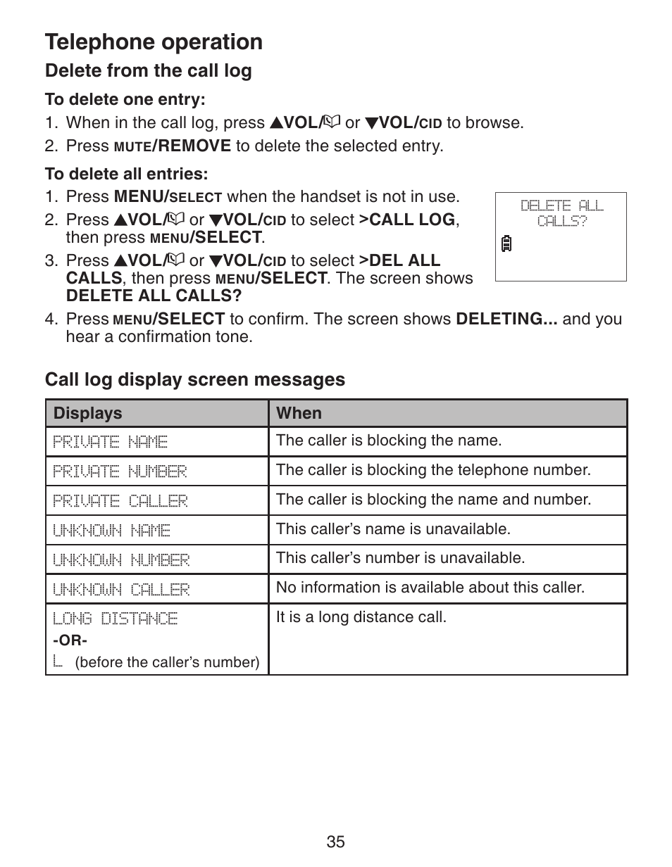 Telephone operation, Delete from the call log, Call log display screen messages | VTech CS6329_-2-3-4-5 Manual User Manual | Page 39 / 71
