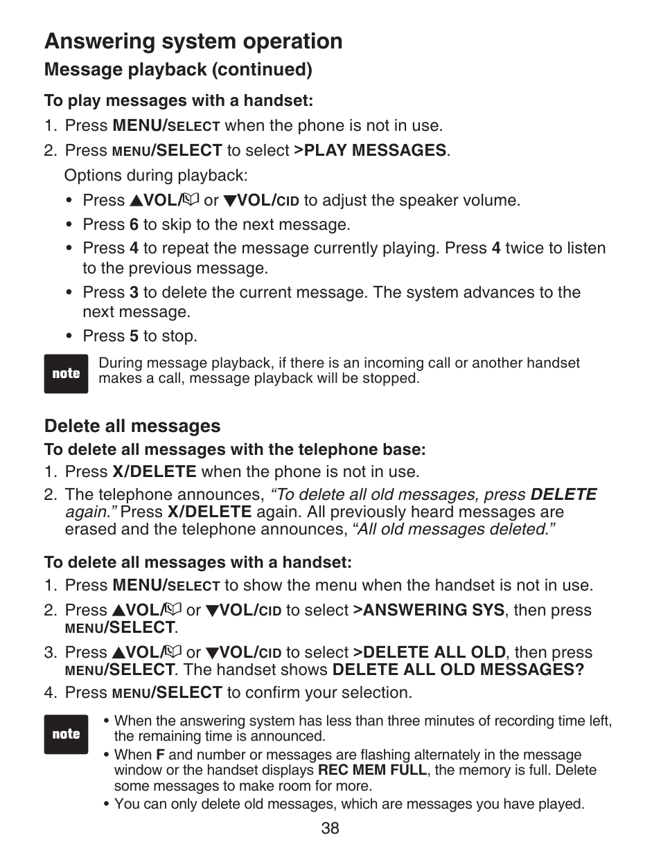 Answering system operation, Message playback (continued), Delete all messages | VTech CS6329_-2-3-4-5 Manual User Manual | Page 42 / 71