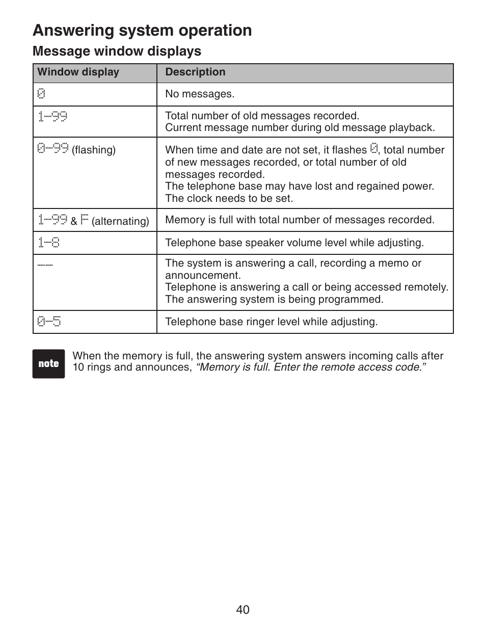 Answering system operation, Message window displays | VTech CS6329_-2-3-4-5 Manual User Manual | Page 44 / 71