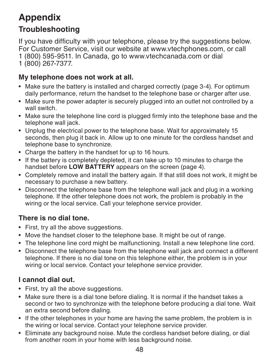 Appendix, Troubleshooting | VTech CS6329_-2-3-4-5 Manual User Manual | Page 52 / 71