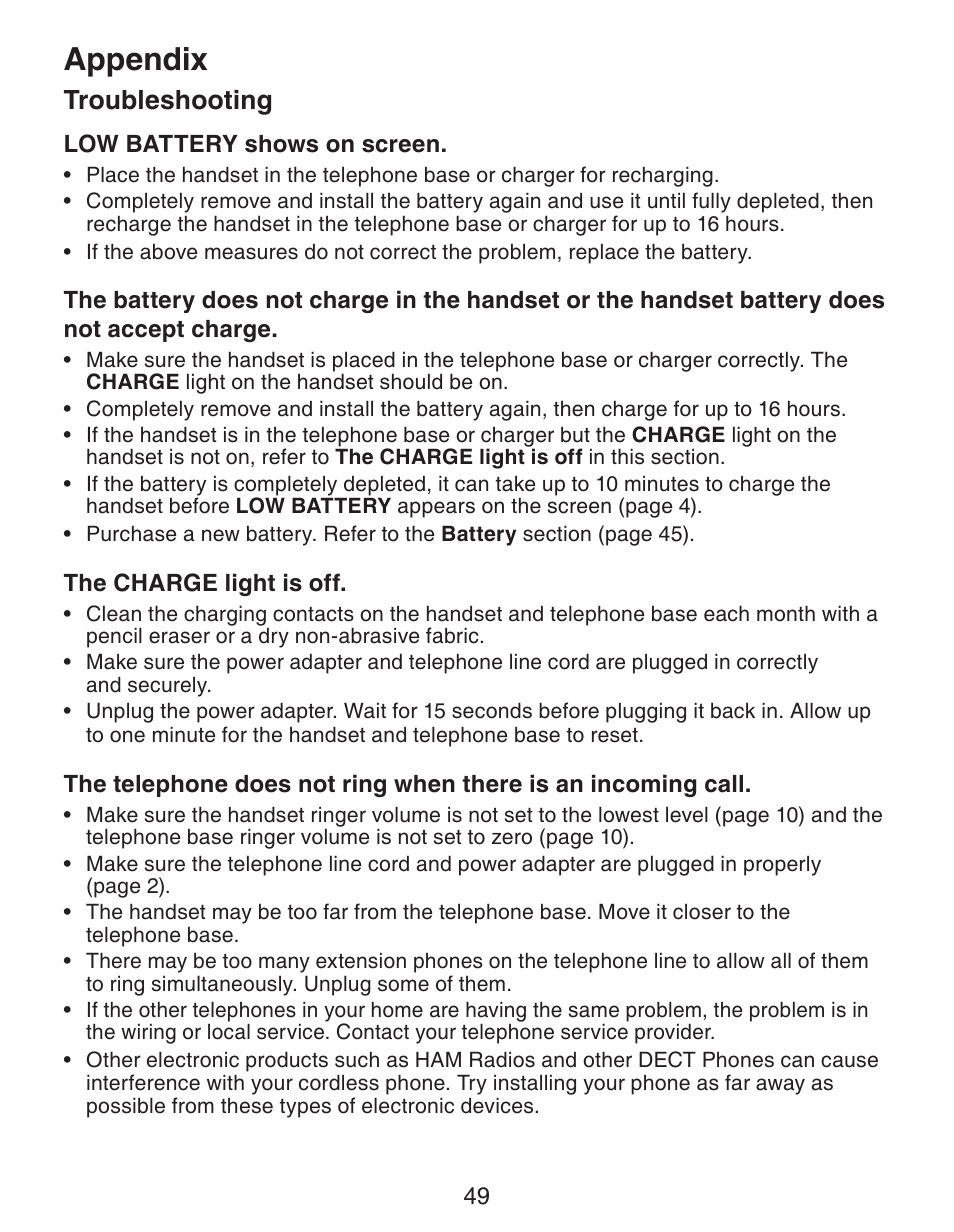 Appendix, Troubleshooting | VTech CS6329_-2-3-4-5 Manual User Manual | Page 53 / 71
