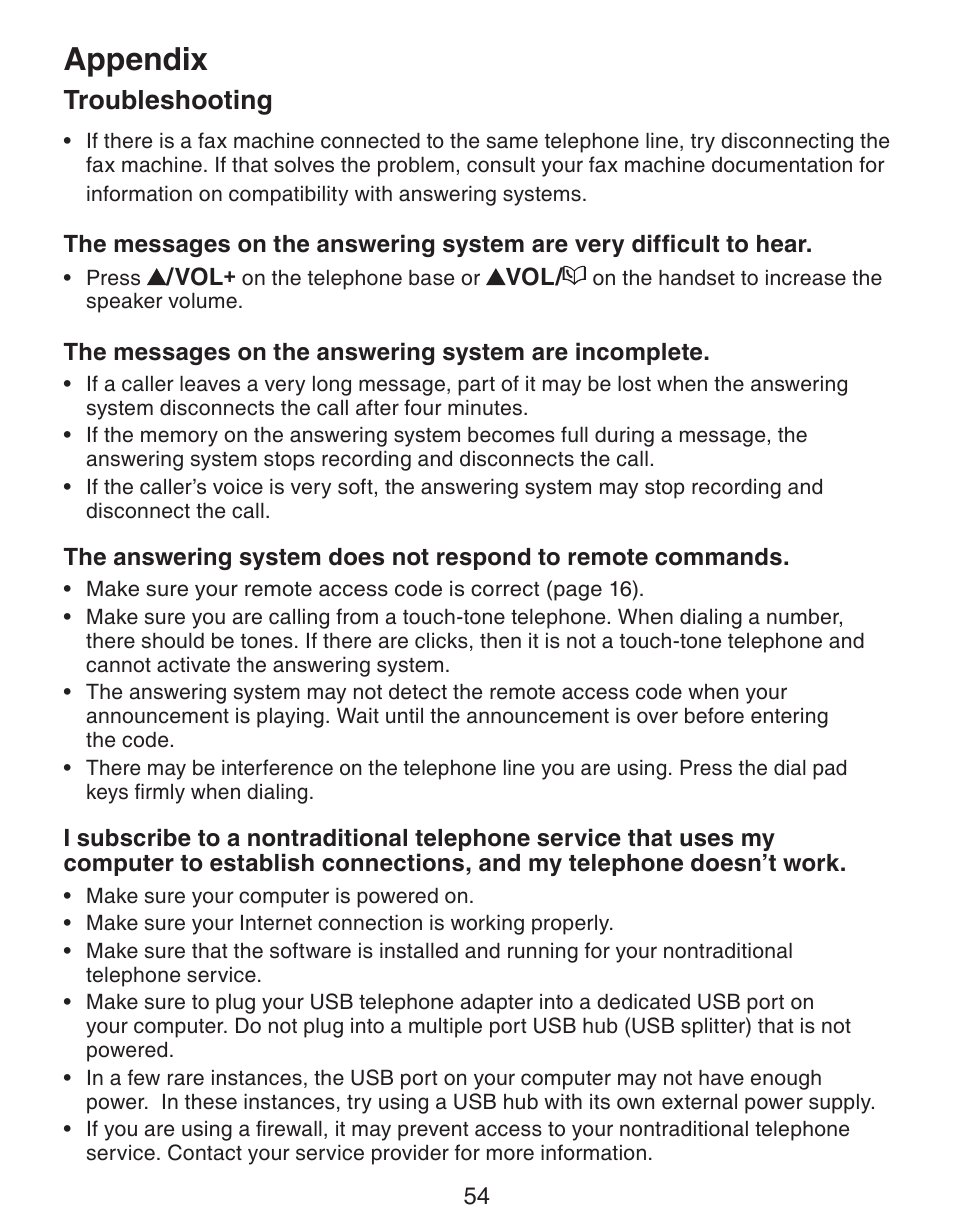Appendix, Troubleshooting | VTech CS6329_-2-3-4-5 Manual User Manual | Page 58 / 71