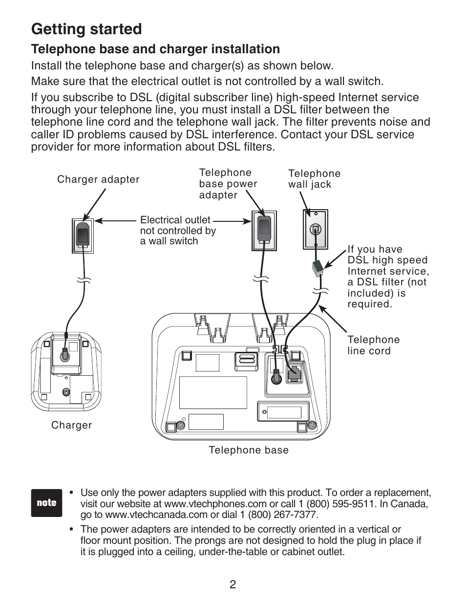 Getting started, Telephone base and charger installation | VTech CS6329_-2-3-4-5 Manual User Manual | Page 6 / 71