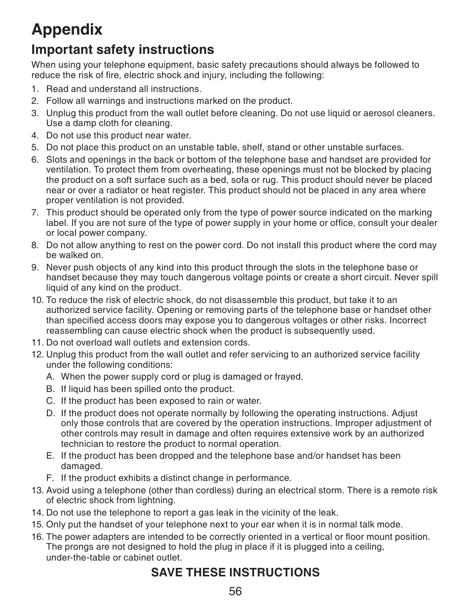 Appendix, Important safety instructions, Save these instructions | VTech CS6329_-2-3-4-5 Manual User Manual | Page 60 / 71