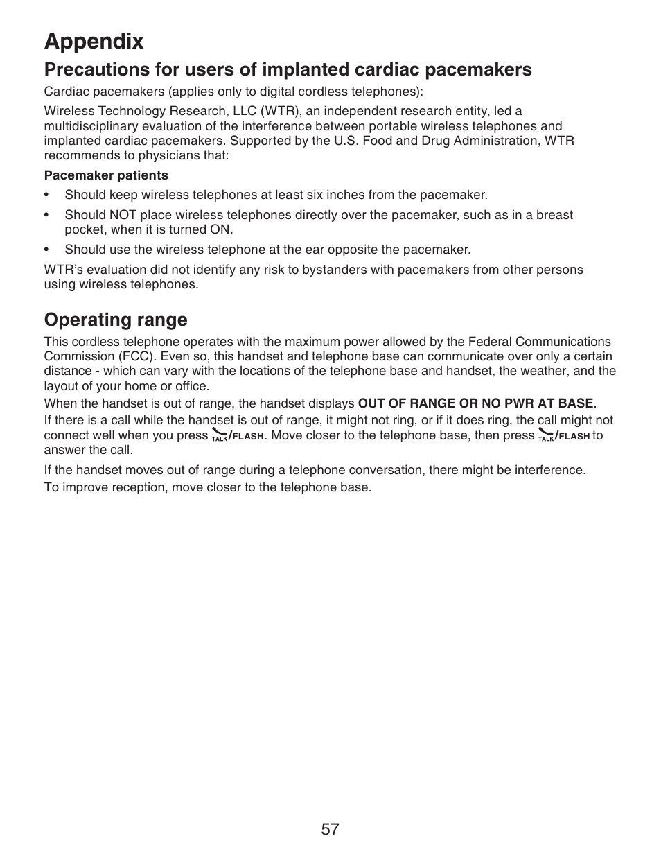 Appendix, Operating range | VTech CS6329_-2-3-4-5 Manual User Manual | Page 61 / 71