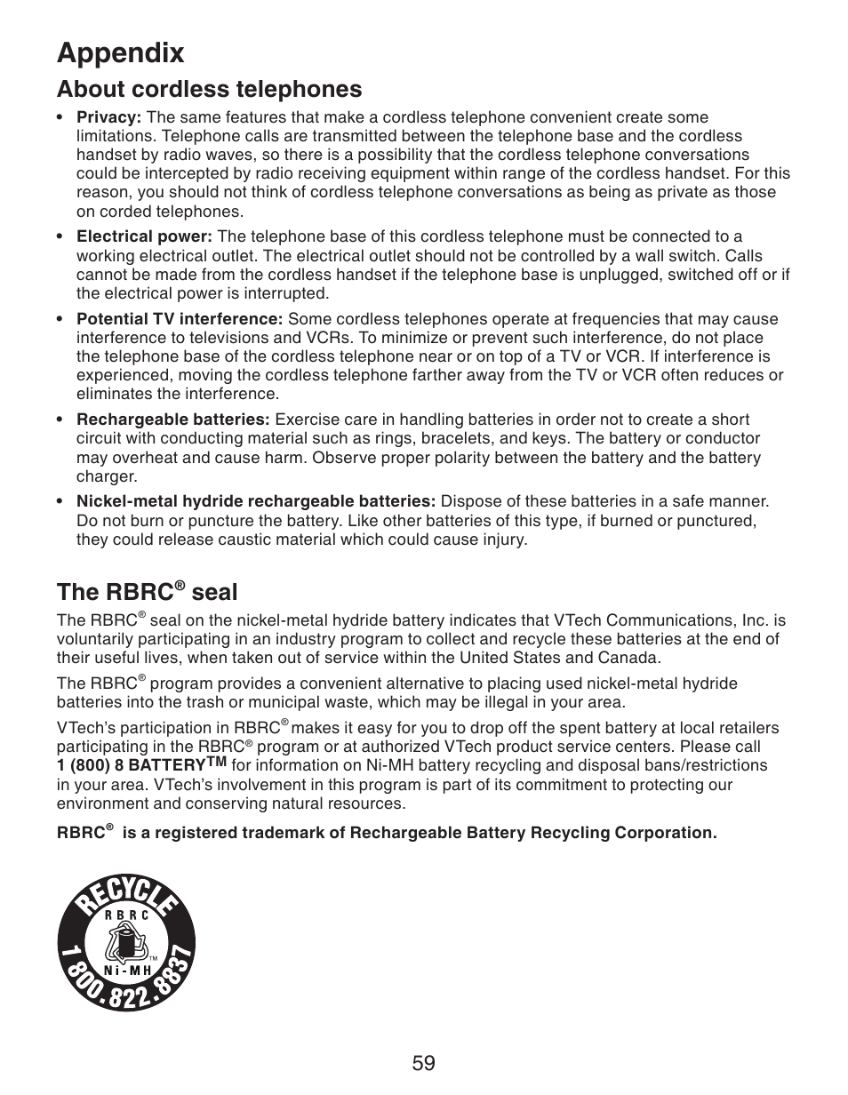 Appendix, About cordless telephones, The rbrc | Seal | VTech CS6329_-2-3-4-5 Manual User Manual | Page 63 / 71