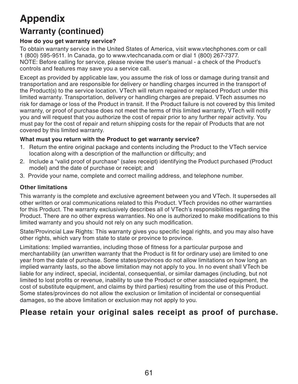 Appendix, Warranty (continued) | VTech CS6329_-2-3-4-5 Manual User Manual | Page 65 / 71