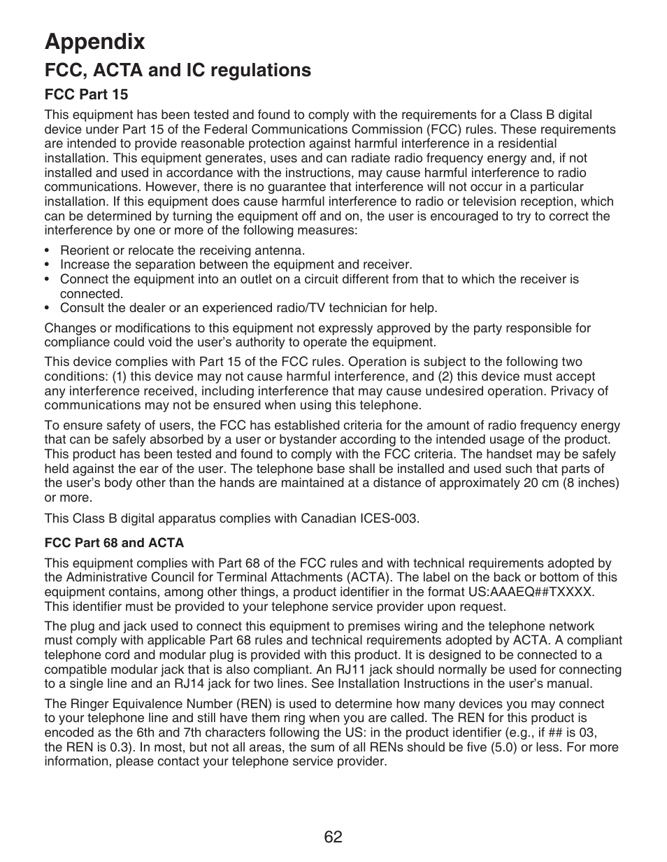 Appendix, Fcc, acta and ic regulations | VTech CS6329_-2-3-4-5 Manual User Manual | Page 66 / 71