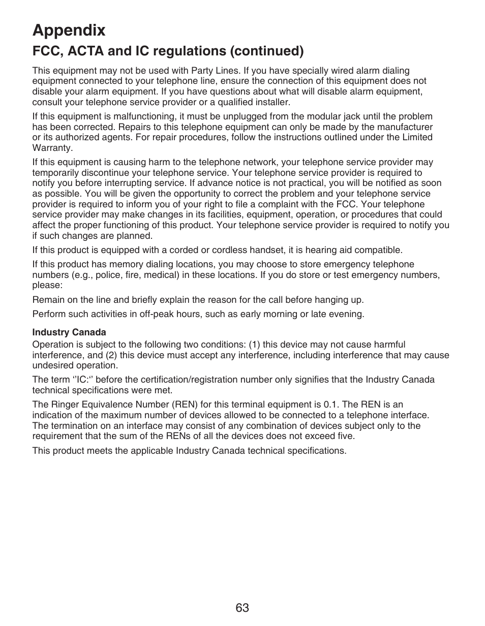 Appendix, Fcc, acta and ic regulations (continued) | VTech CS6329_-2-3-4-5 Manual User Manual | Page 67 / 71