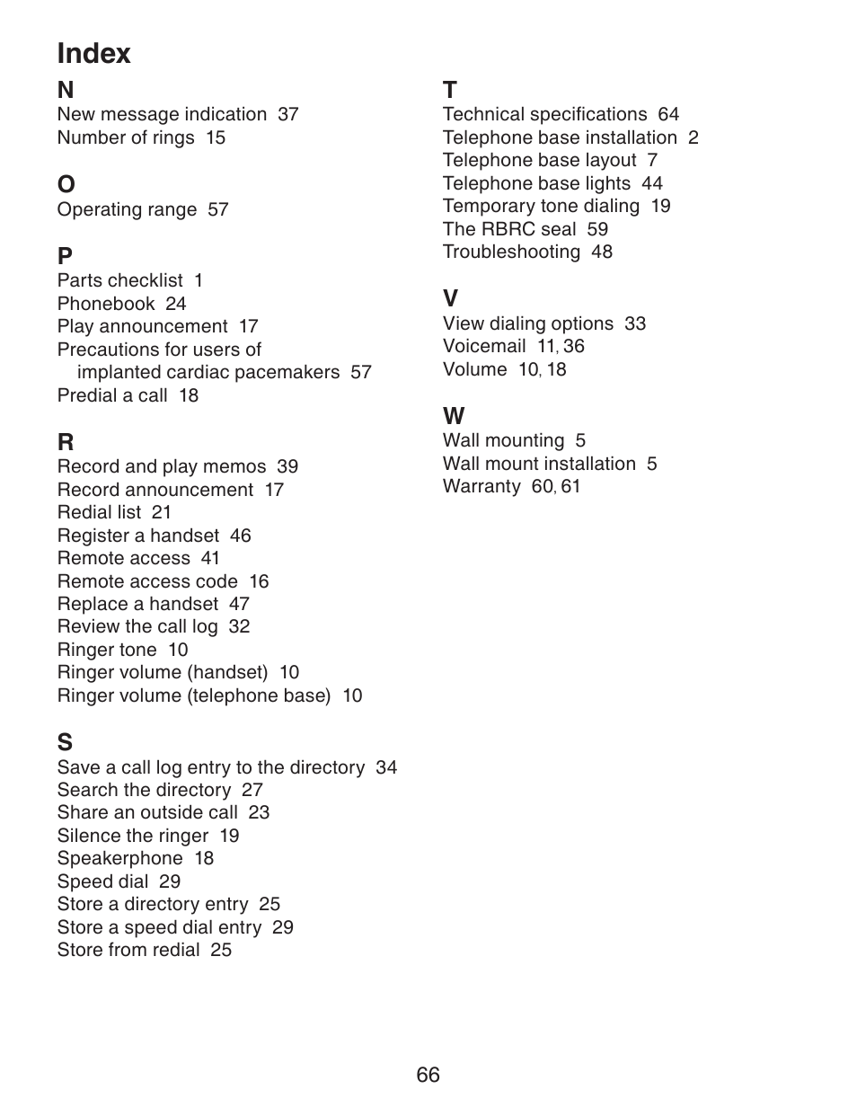 Index | VTech CS6329_-2-3-4-5 Manual User Manual | Page 70 / 71
