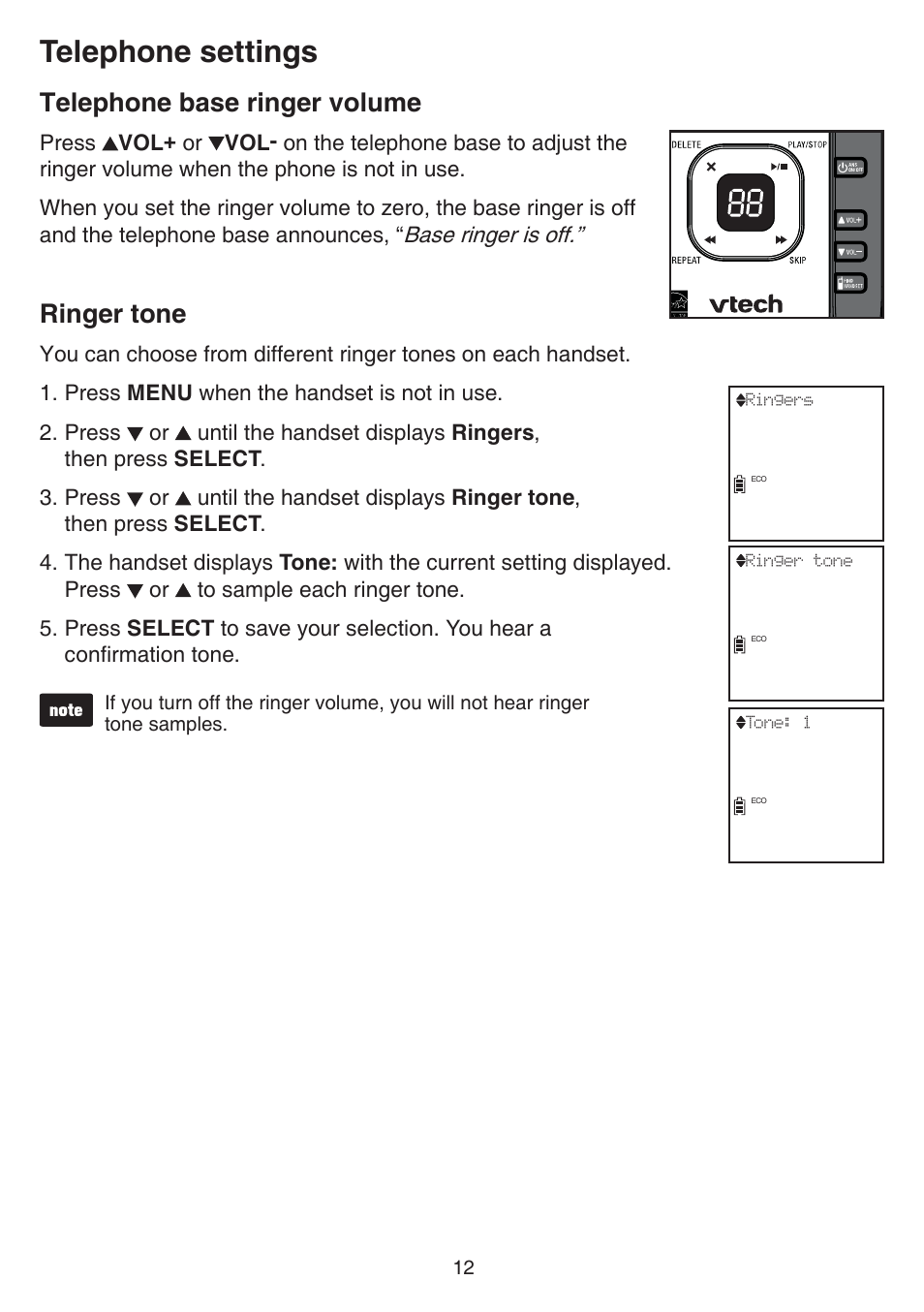 Telephone base ringer volume, Ringer tone, Telephone base ringer volume ringer tone | Telephone settings | VTech CS6729-5 Manual User Manual | Page 16 / 84