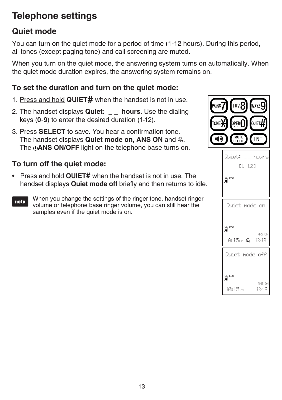 Quiet mode, Telephone settings, Press and hold quiet | VTech CS6729-5 Manual User Manual | Page 17 / 84