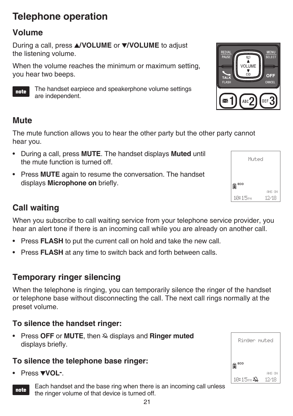 Volume, Mute, Call waiting | Temporary ringer silencing, Mute call waiting temporary ringer silencing, Telephone operation | VTech CS6729-5 Manual User Manual | Page 25 / 84