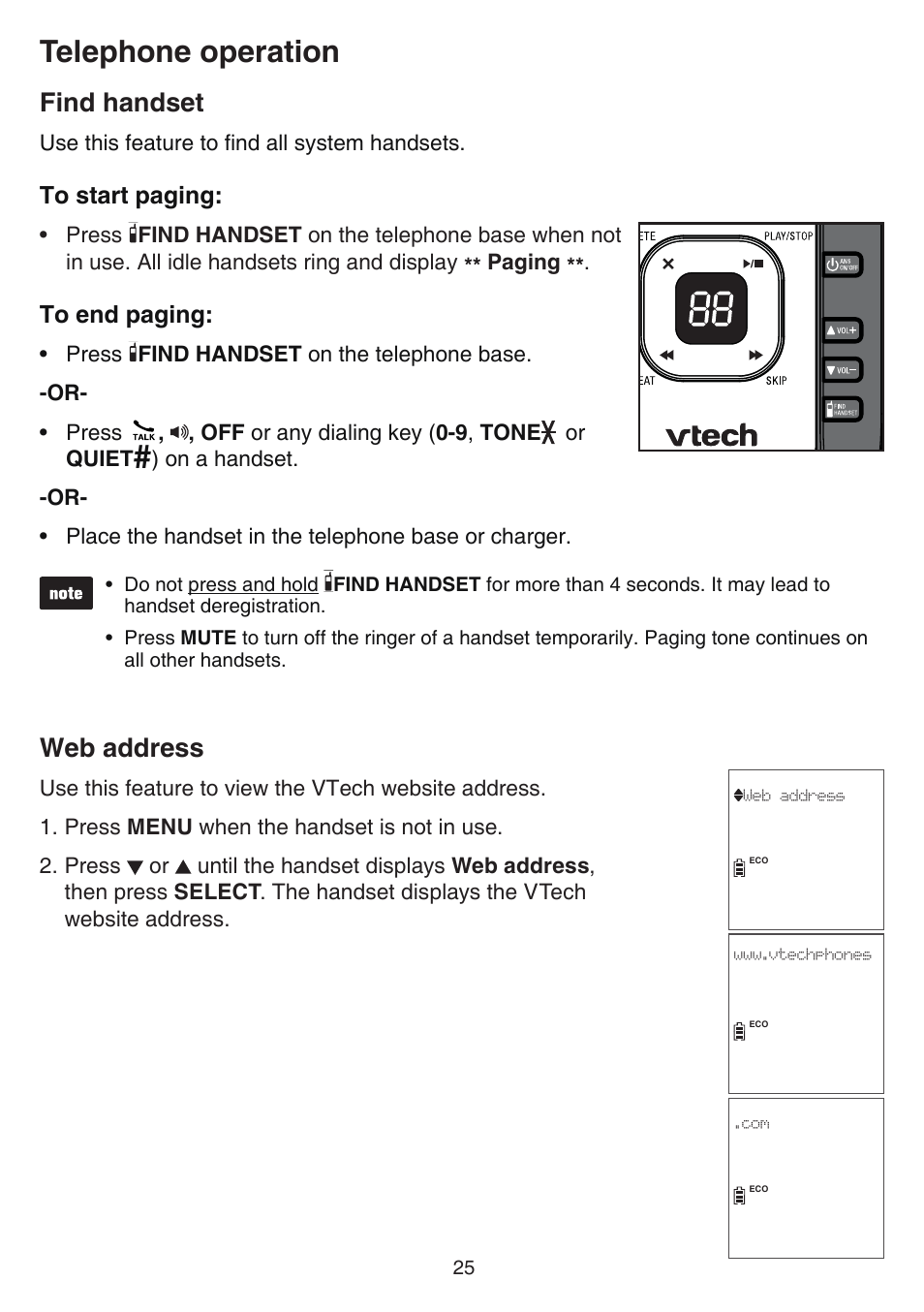 Find handset, Web address, Find handset web address | Telephone operation | VTech CS6729-5 Manual User Manual | Page 29 / 84