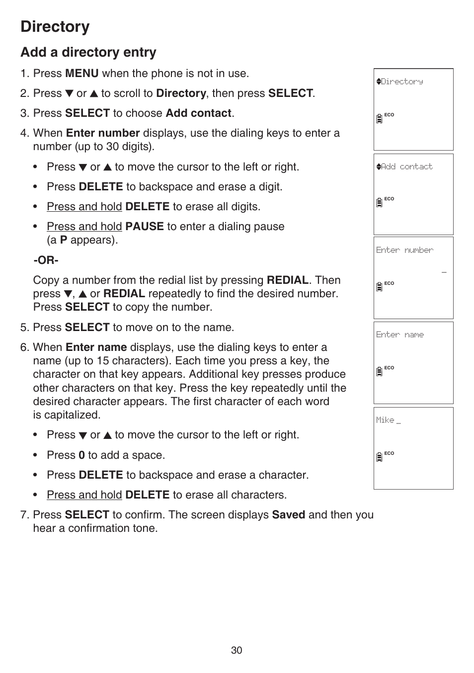 Add a directory entry, Directory | VTech CS6729-5 Manual User Manual | Page 34 / 84