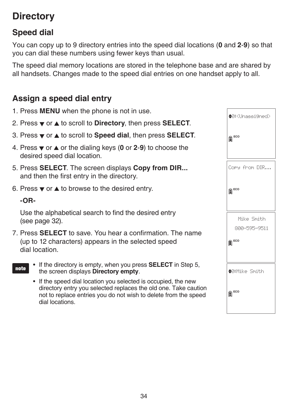 Speed dial, Assign a speed dial entry, Speed dial assign a speed dial entry | Directory | VTech CS6729-5 Manual User Manual | Page 38 / 84