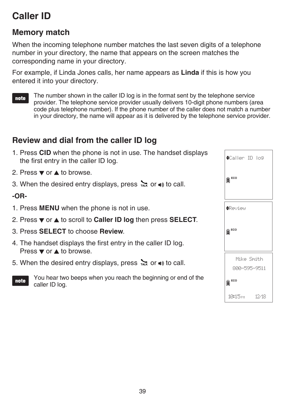 Memory match, Review and dial from the caller id log, Caller id | VTech CS6729-5 Manual User Manual | Page 43 / 84