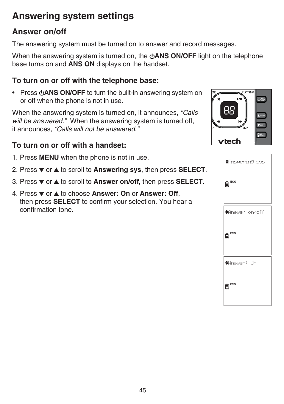 Answer on/off, Answering system settings | VTech CS6729-5 Manual User Manual | Page 49 / 84