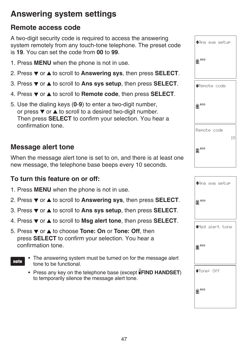 Remote access code, Message alert tone, Remote access code message alert tone | Answering system settings | VTech CS6729-5 Manual User Manual | Page 51 / 84