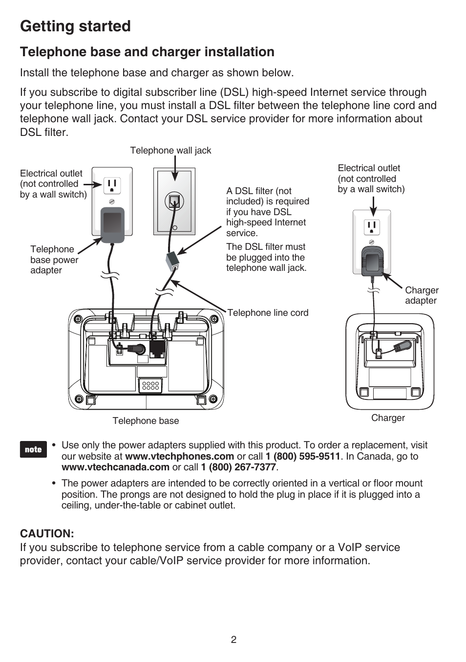 Telephone base and charger installation, Telephone base and charger, Installation | Getting started | VTech CS6729-5 Manual User Manual | Page 6 / 84