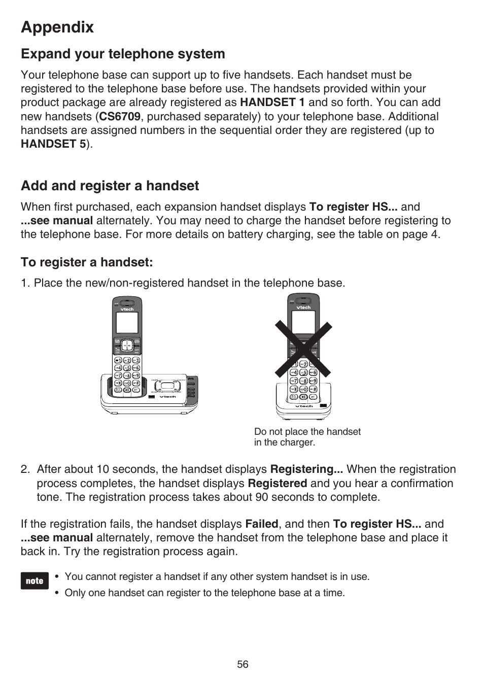 Appendix, Expand your telephone system, Add and register a handset | VTech CS6729-5 Manual User Manual | Page 60 / 84