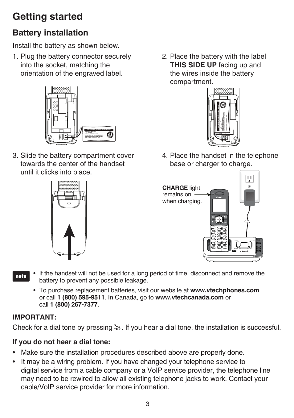 Battery installation, Getting started, Install the battery as shown below | Charge light remains on when charging | VTech CS6729-5 Manual User Manual | Page 7 / 84