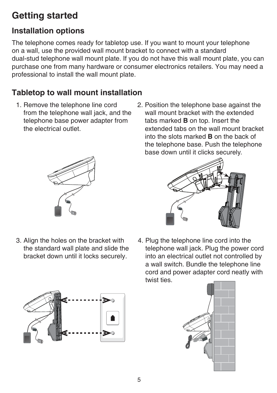 Installation options, Tabletop to wall mount installation, Getting started | VTech CS6729-5 Manual User Manual | Page 9 / 84