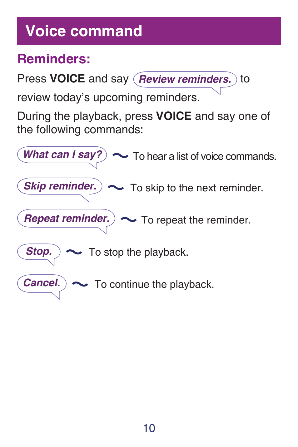 Voice command, Reminders | VTech SN6187 Quick start User Manual | Page 12 / 20