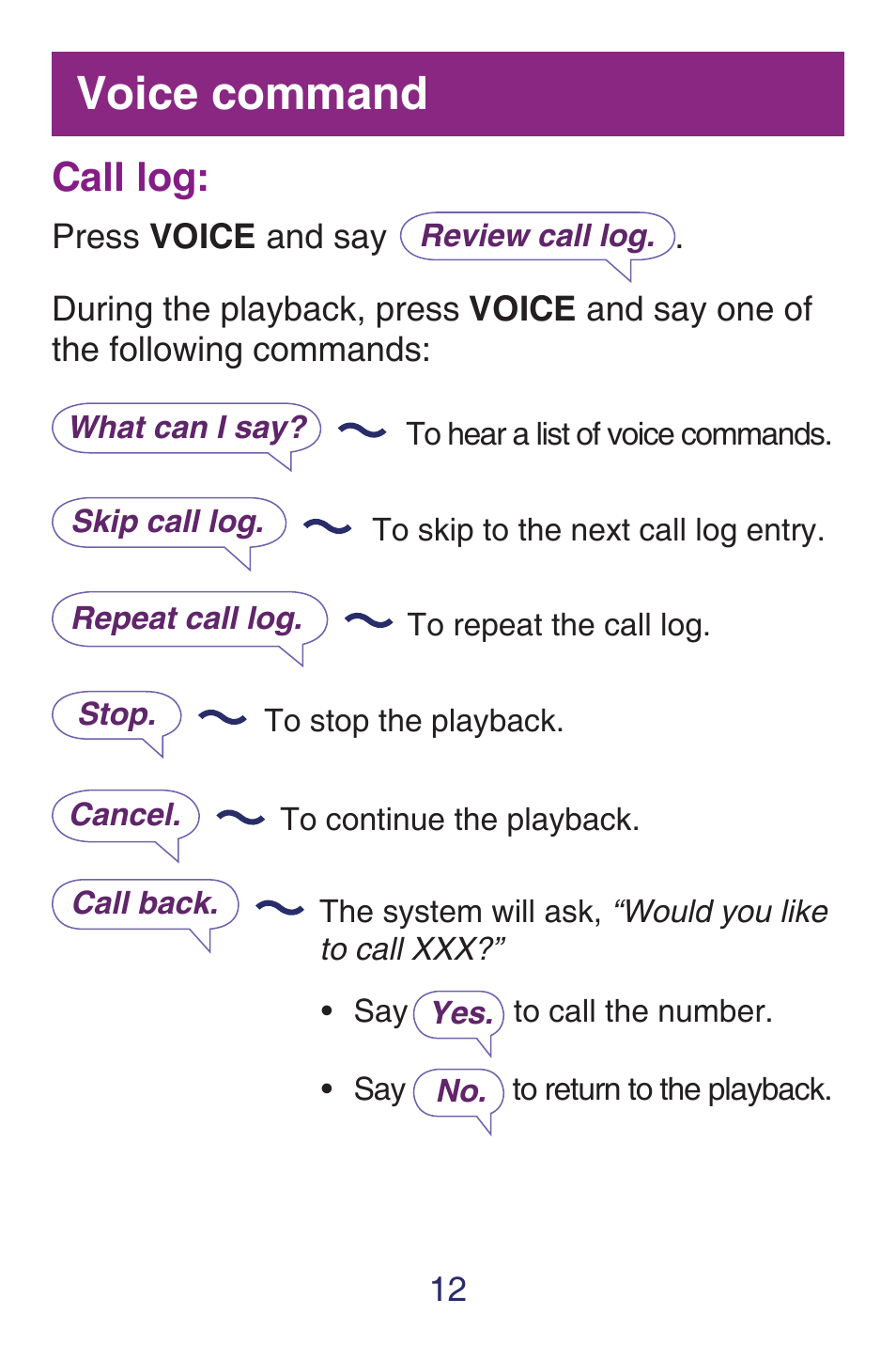 Voice command, Call log | VTech SN6187 Quick start User Manual | Page 14 / 20