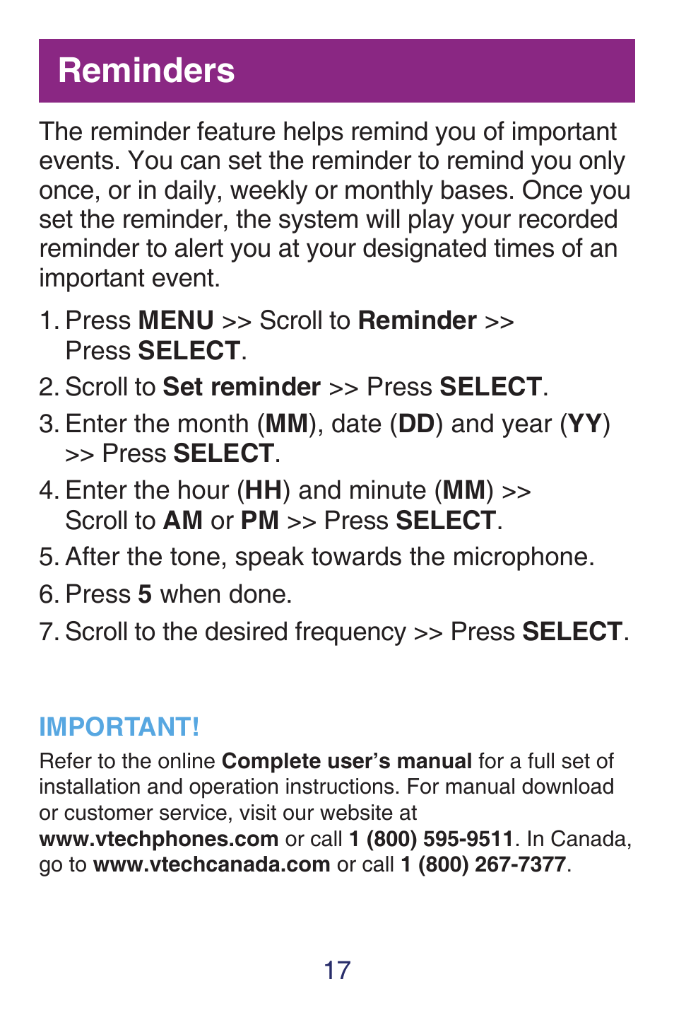 Reminders | VTech SN6187 Quick start User Manual | Page 19 / 20