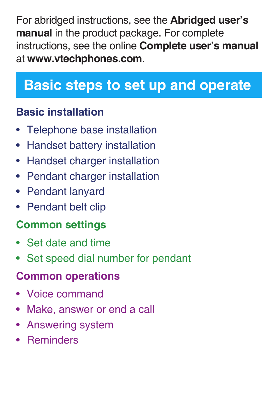 Basic steps to set up and operate | VTech SN6187 Quick start User Manual | Page 2 / 20