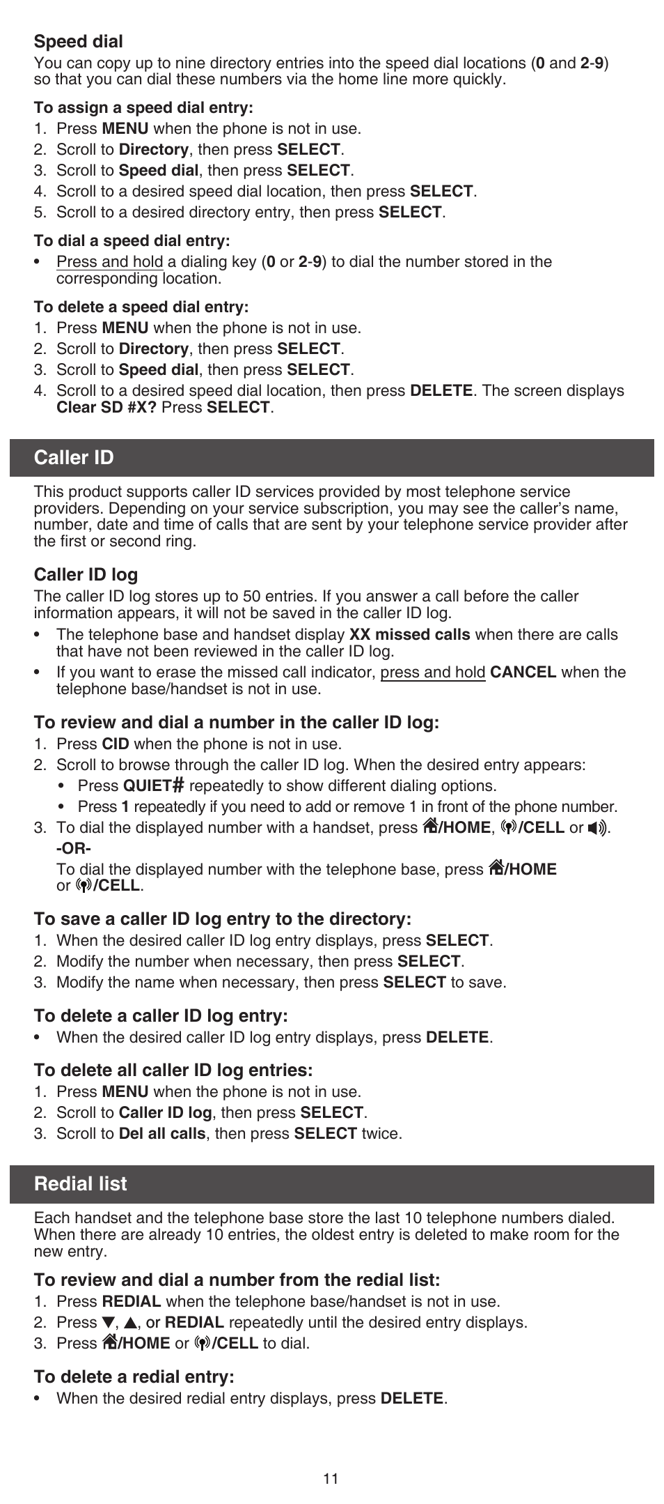 Caller id, Redial list | VTech DS6751_-2-3 Abridged manual User Manual | Page 11 / 16