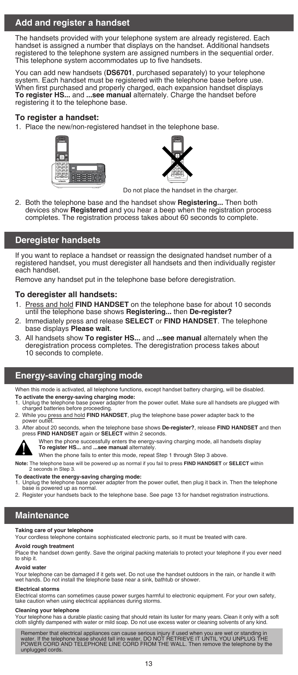 Add and register a handset, Deregister handsets, Energy-saving charging mode | Maintenance | VTech DS6751_-2-3 Abridged manual User Manual | Page 13 / 16