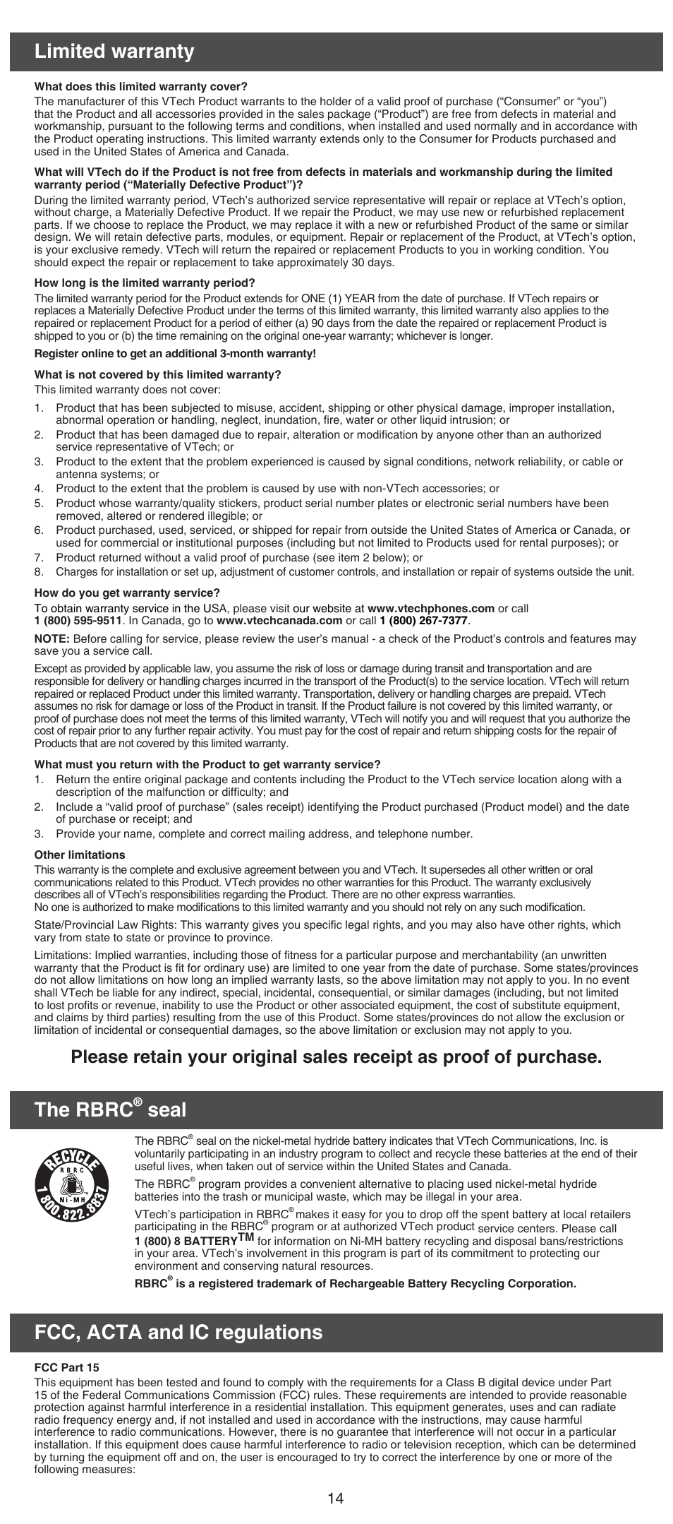 Limited warranty, The rbrc, Seal | Fcc, acta and ic regulations | VTech DS6751_-2-3 Abridged manual User Manual | Page 14 / 16