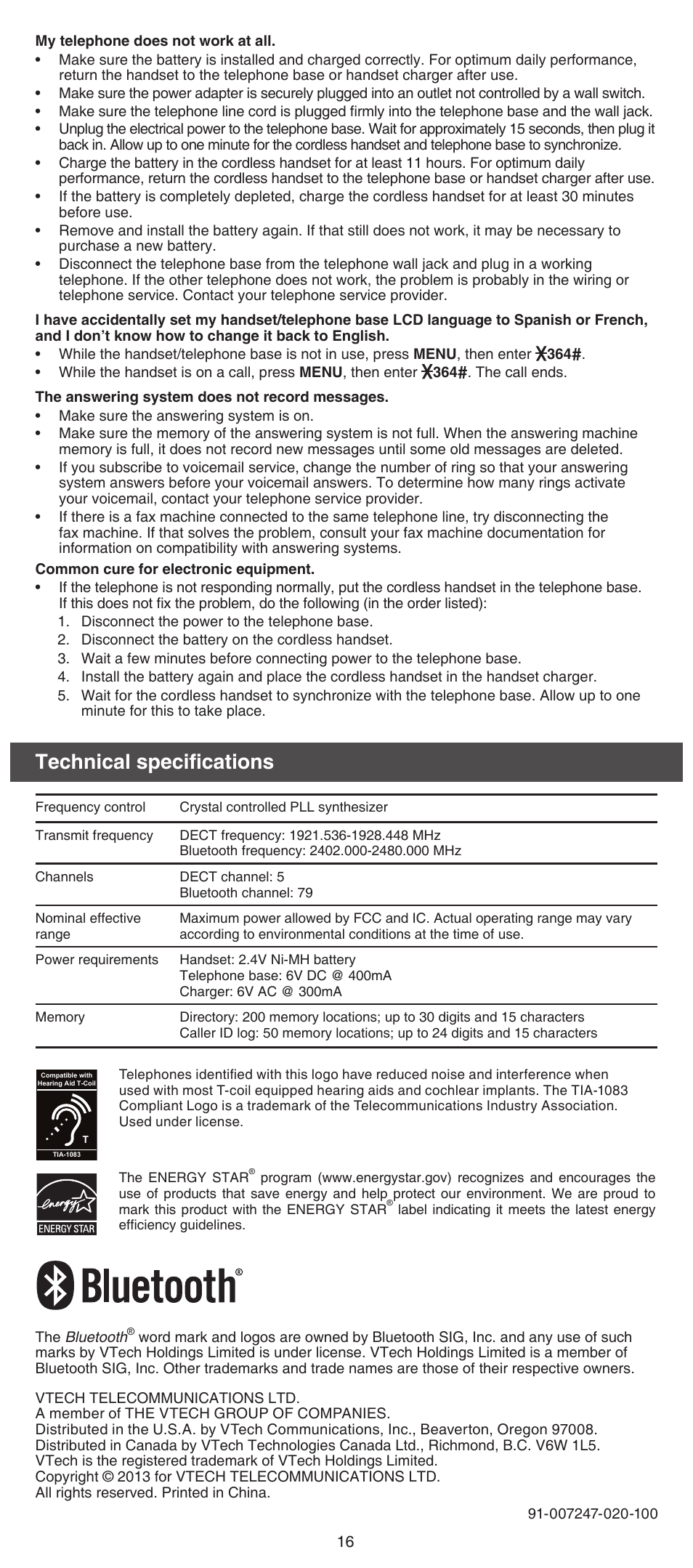 Technical specifications | VTech DS6751_-2-3 Abridged manual User Manual | Page 16 / 16