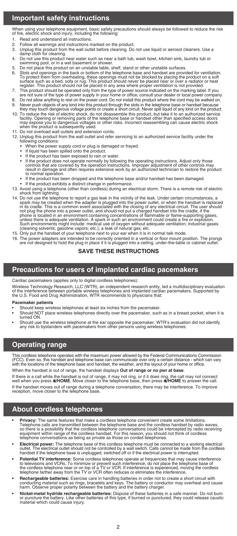 Important safety instructions, Operating range, About cordless telephones | Save these instructions | VTech DS6751_-2-3 Abridged manual User Manual | Page 2 / 16