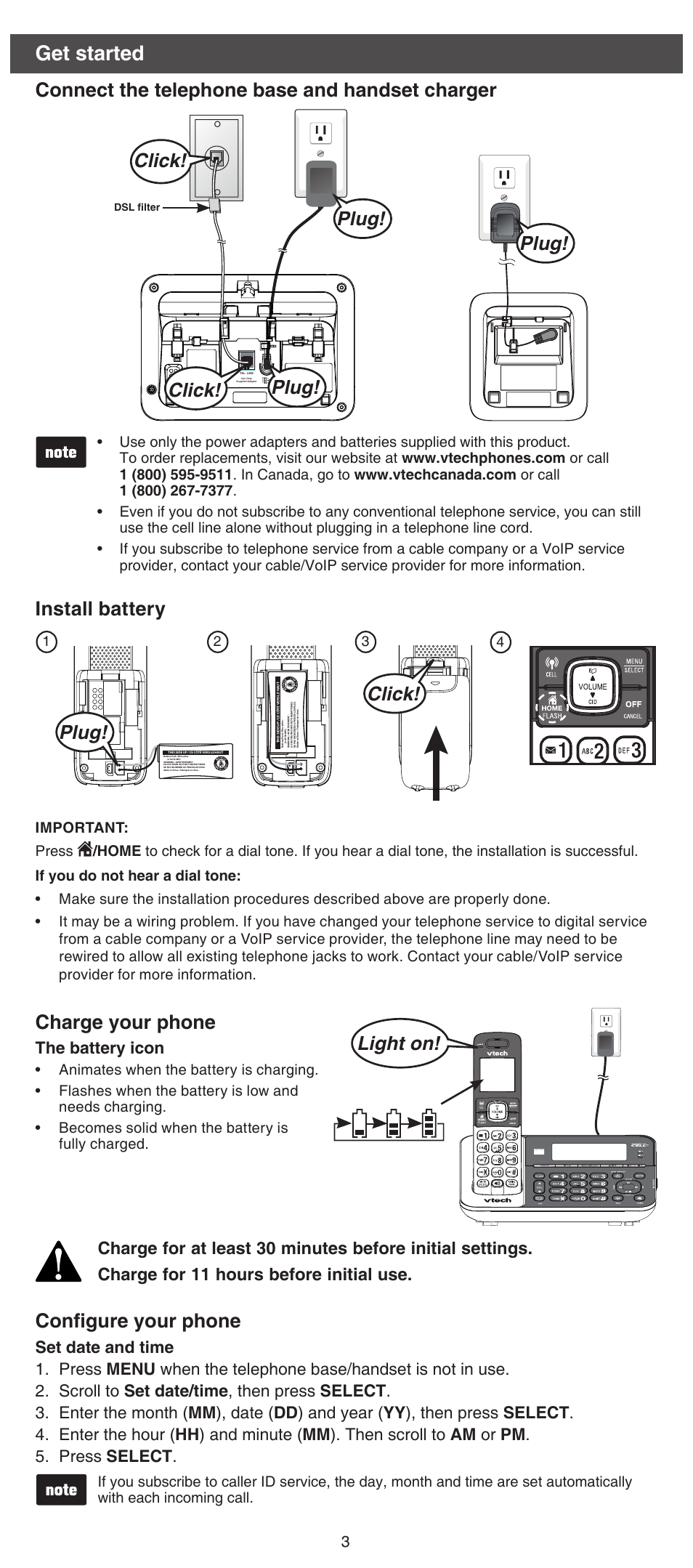 Get started, Connect the telephone base and handset charger, Install battery | Charge your phone, Configure your phone, Plug, Light on, Plug! click! plug! plug! click, Click, The battery icon | VTech DS6751_-2-3 Abridged manual User Manual | Page 3 / 16