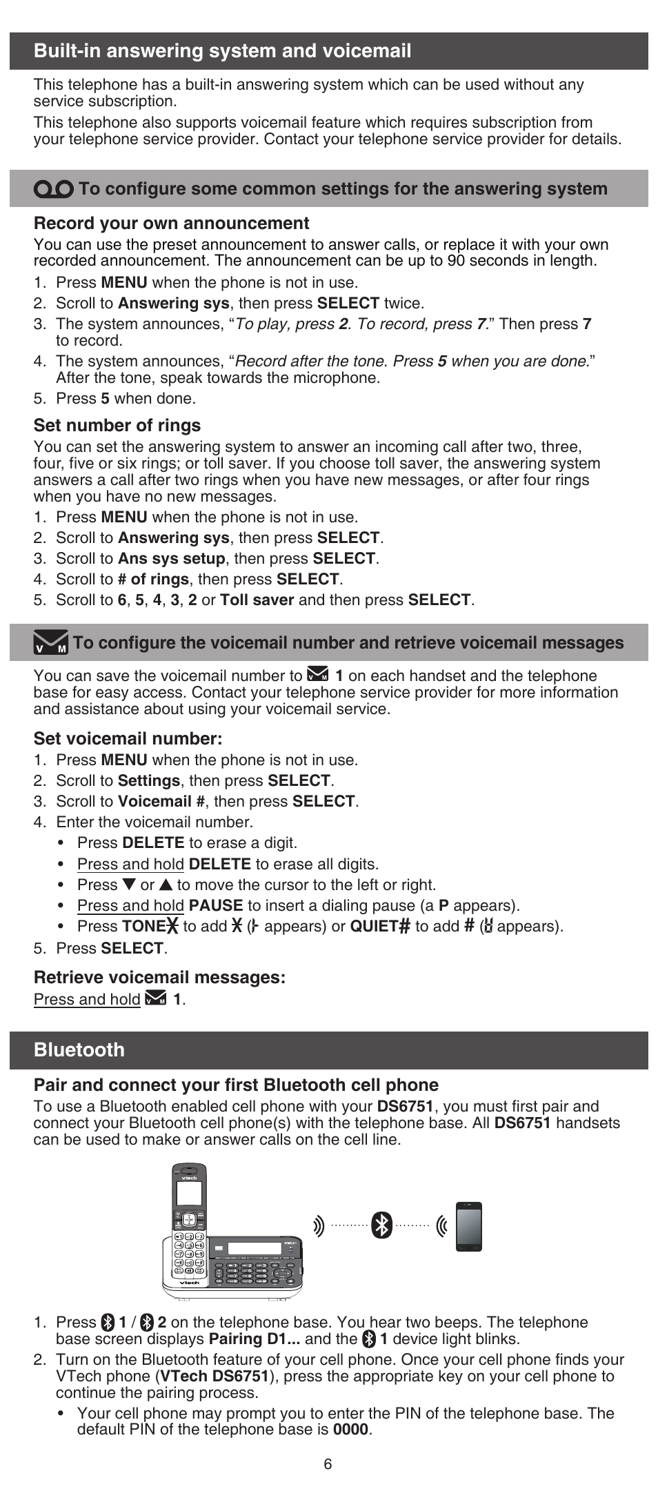 Built-in answering system and voicemail, Bluetooth | VTech DS6751_-2-3 Abridged manual User Manual | Page 6 / 16