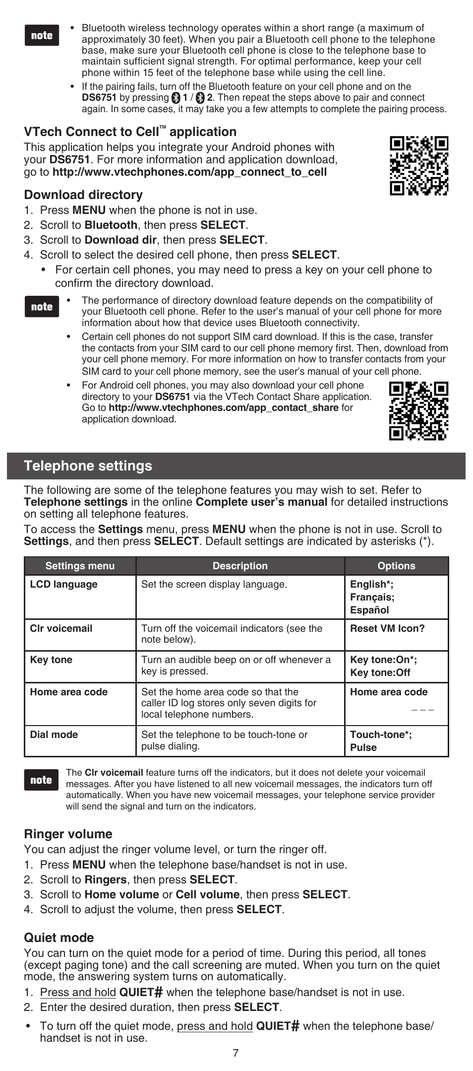 Telephone settings | VTech DS6751_-2-3 Abridged manual User Manual | Page 7 / 16