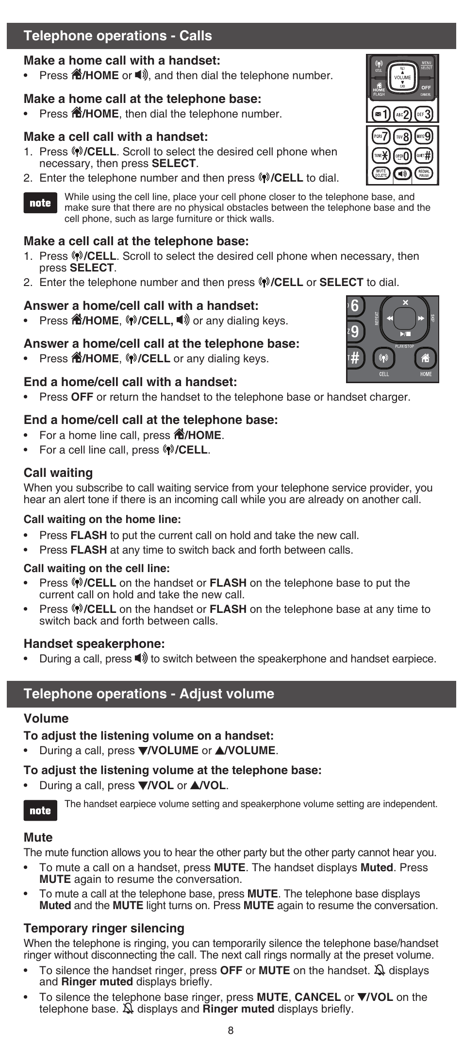 Telephone operations - calls, Telephone operations - adjust volume | VTech DS6751_-2-3 Abridged manual User Manual | Page 8 / 16