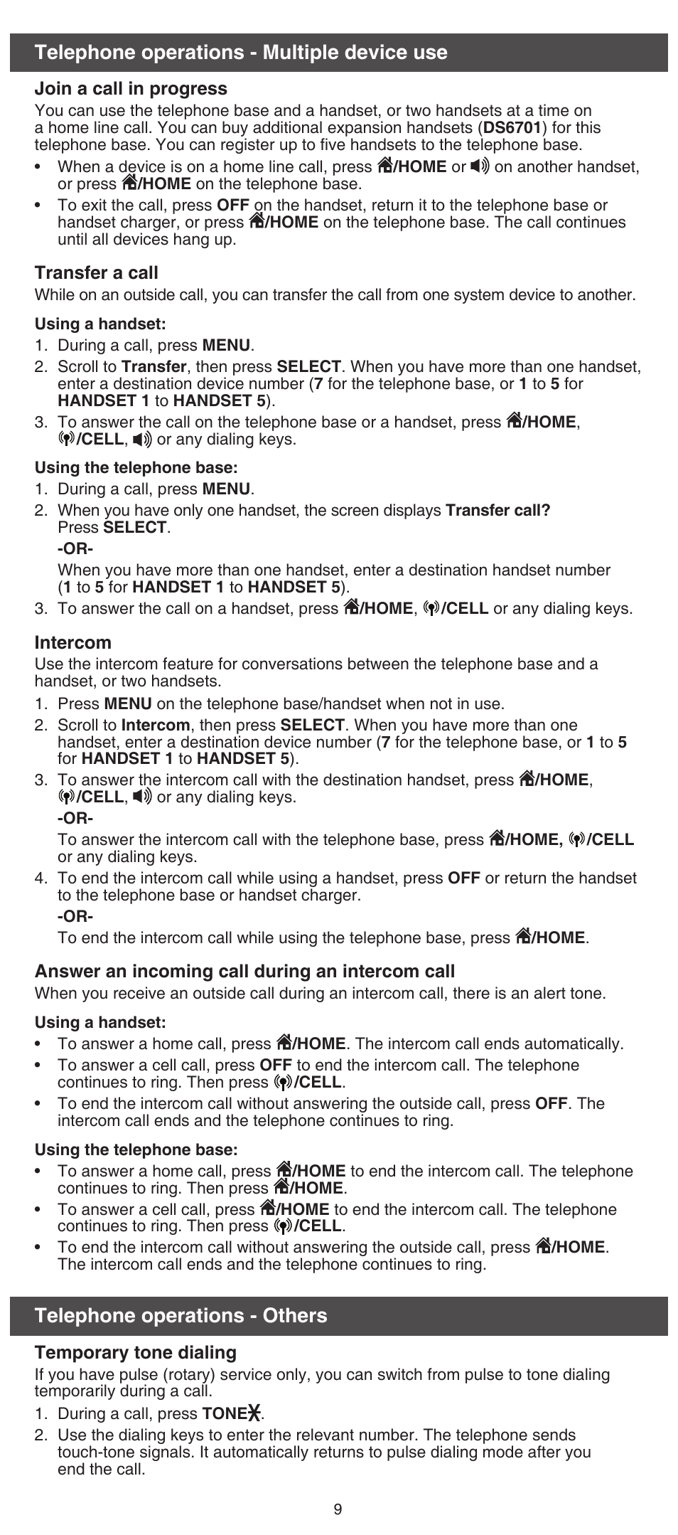 Telephone operations - multiple device use, Telephone operations - others | VTech DS6751_-2-3 Abridged manual User Manual | Page 9 / 16