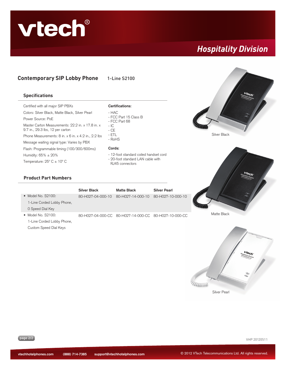 Contemporary sip lobby phone, Key features | VTech S2100 Spec Sheets User Manual | Page 2 / 2